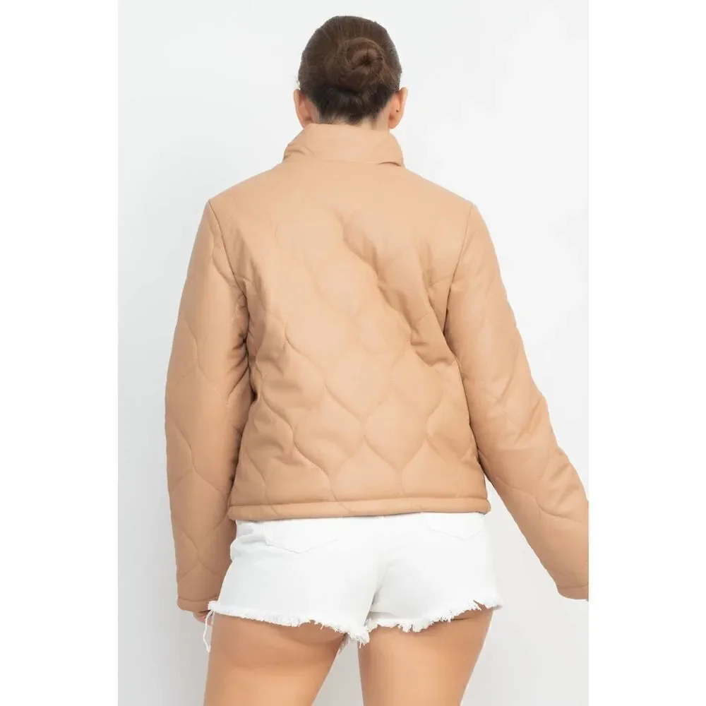 Taupe Mock Neck Quilted Jacket - Picture 5 of 5